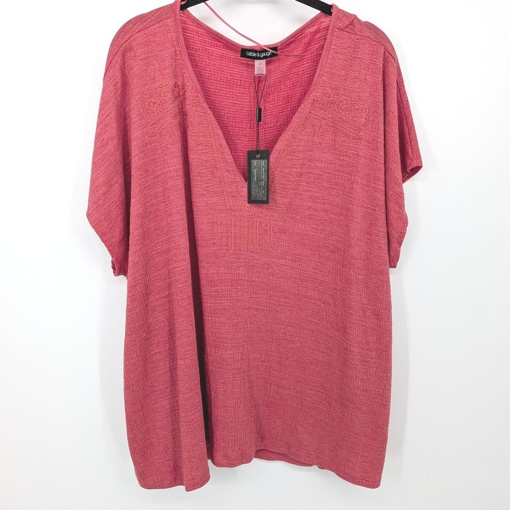 Cable & Gauge Top Embroidered Womens Plus 2X Coral Pink Sunset Slub Knit Stretch